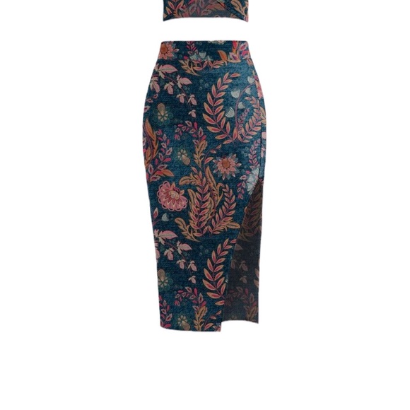 Averie Halley Midi Slit Skirt & Knotted Top Pink & Saffron Floral Leaves Set - Picture 13 of 13